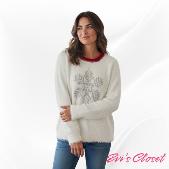 French Laundry Ugly Women's Christmas Sweater White Silver Snow Flake Red Sz XL - Picture 1 of 10